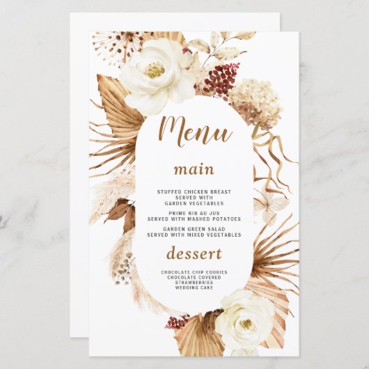 Charm Pampas Grass Witte Bloemen Verjaardagsmenu (Voorkant / Achterkant)