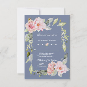 Charm Pink Bloem Stof Blauw Bruiloft RSVP Kaartje