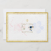 Charm Pink Blue Gold Floral Twin Photo Baptisme Kaart (Achterkant)