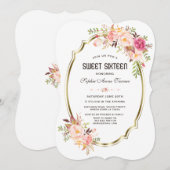 Charm Pink Blush Bloem Goud Frame  Sweet 16 Kaart (Voorkant / Achterkant)