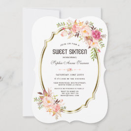 Charm Pink Blush Bloem Goud Frame  Sweet 16 Kaart