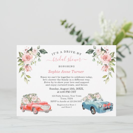 Charm Pink Blush Bloemachtige Bruiloftsshower Driv Kaart (Staand voorkant)