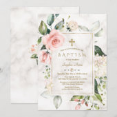 Charm Pink Blush Cream Floral Marble Gold Baptisme Kaart (Voorkant / Achterkant)