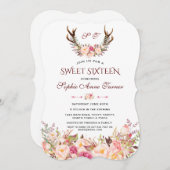 Charm Pink Blush Floral Antlers Monogram Sweet 16 Kaart (Voorkant / Achterkant)
