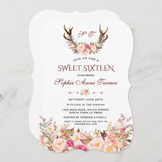 Charm Pink Blush Floral Antlers Monogram Sweet 16 Kaart (Voorkant / Achterkant)