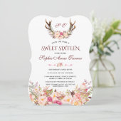 Charm Pink Blush Floral Antlers Monogram Sweet 16 Kaart (Staand voorkant)