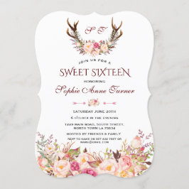 Charm Pink Blush Floral Antlers Monogram Sweet 16 Kaart