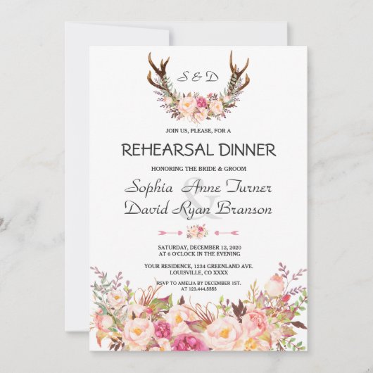 Charm Pink Blush Floral Antlers Rehearsal Dinner Kaart (Voorkant)