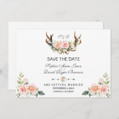 Charm Pink Blush Floral Antlers Save the Date (Voorkant / Achterkant)