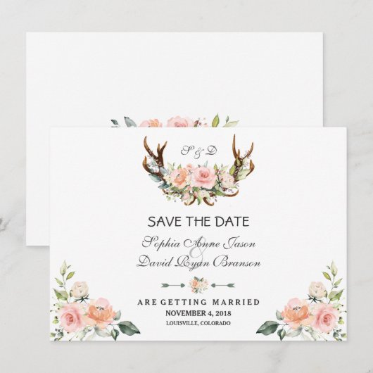 Charm Pink Blush Floral Antlers Save the Date (Voorkant / Achterkant)