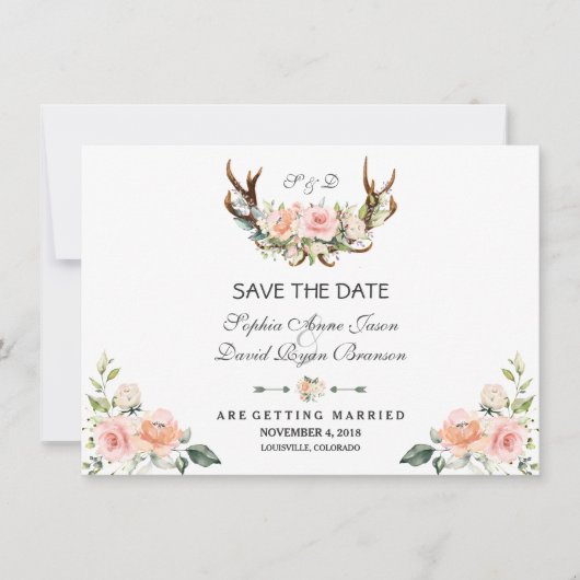 Charm Pink Blush Floral Antlers Save the Date (Voorkant)