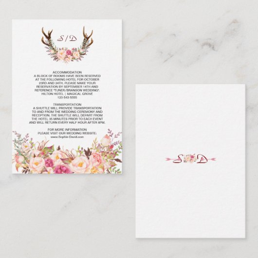 Charm Pink Blush Floral Antlers Weddenschap Detail Informatiekaartje (Voorkant / Achterkant)
