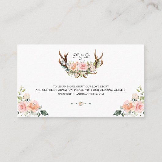 Charm Pink Blush Floral Antlers Weddenschap Websit Visitekaartje (Voorkant)
