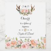 Charm Pink Blush Floral Antlers Weddenschap Wijn Etiket (Enkel label)