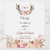 Charm Pink Blush Floral Antlers Weddenschap Wijn Etiket (Enkel label)
