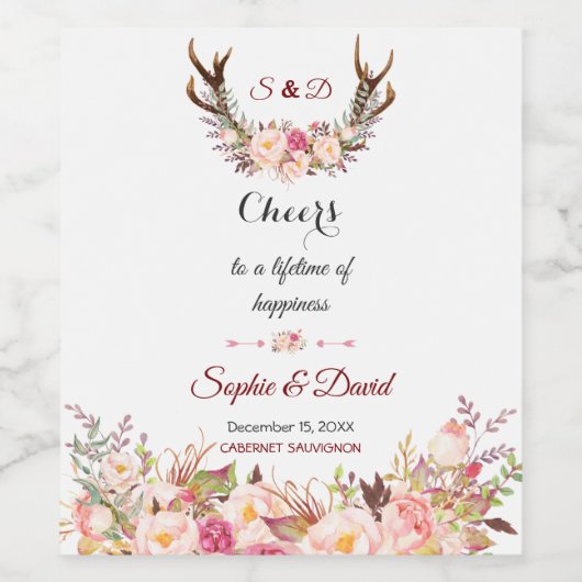 Charm Pink Blush Floral Antlers Weddenschap Wijn Etiket (Enkel label)