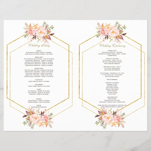 Charm Pink Blush Floral Gold Lijst Wedding Program Flyer (Achterkant)