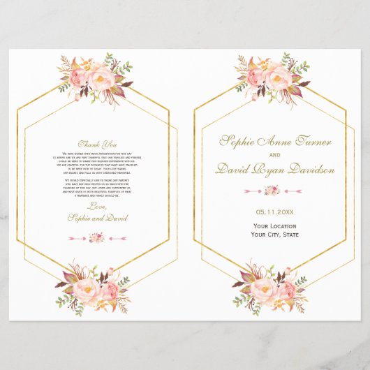 Charm Pink Blush Floral Gold Lijst Wedding Program Flyer (Voorkant)