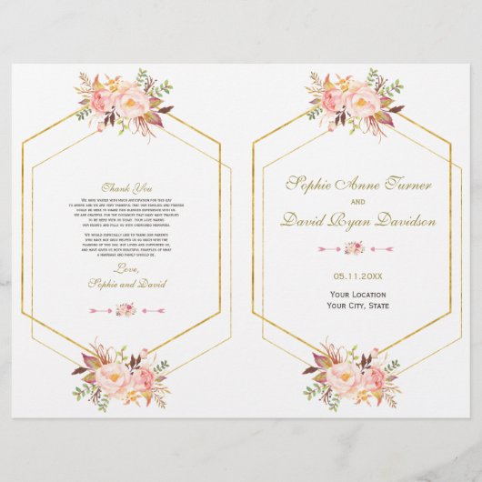 Charm Pink Blush Floral Gold Lijst Wedding Program Flyer (Voorkant)