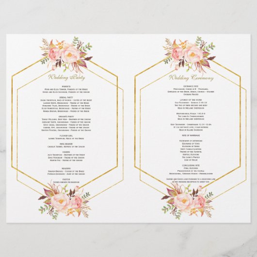 Charm Pink Blush Floral Gold Lijst Wedding Program Flyer (Achterkant)