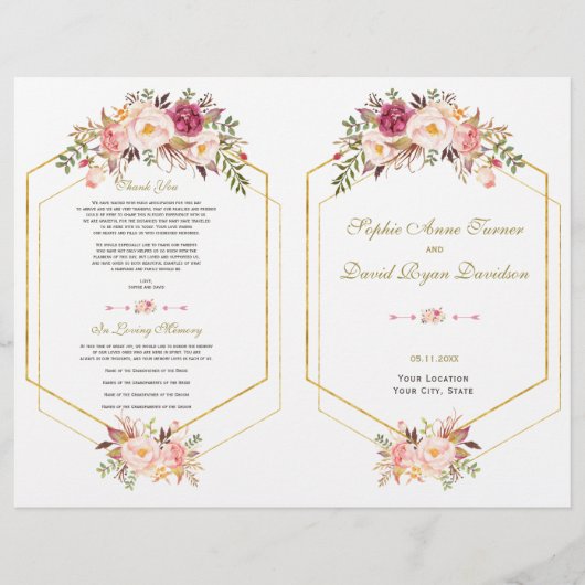 Charm Pink Blush Floral Gold Lijst Wedding Program Flyer (Voorkant)