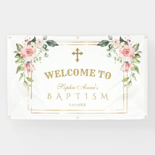 Charm Pink Blush Flowers Gold Baptism Welcome Sign Spandoek