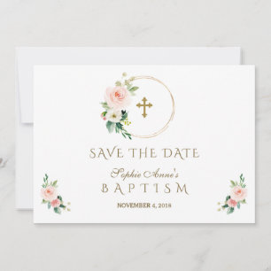 Charm Pink Blush Flowers Gold Girl Baptisme Save The Date
