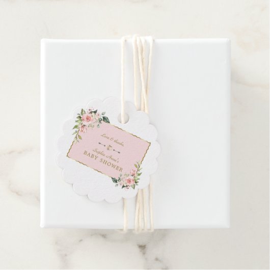 Charm Pink Blush Flowers Gold Lijst Baby shower Bedankjes Labels (In situ)