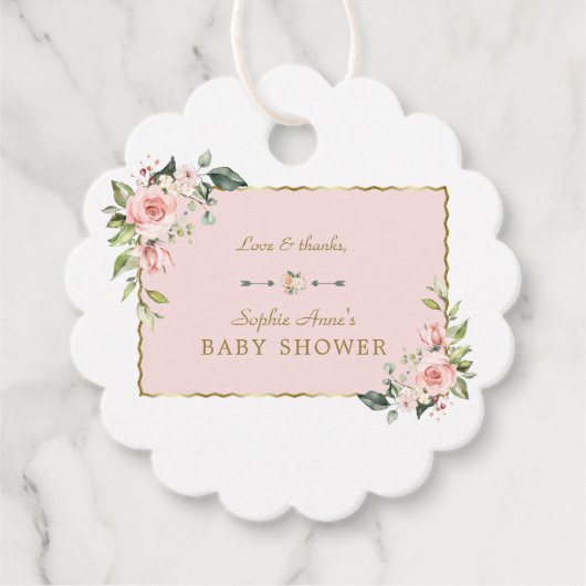 Charm Pink Blush Flowers Gold Lijst Baby shower Bedankjes Labels (Voorkant)