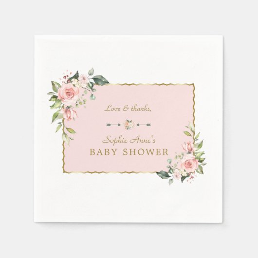 Charm Pink Blush Flowers Gold Lijst Baby shower Servet (Voorkant)