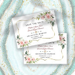 Charm Pink Blush Flowers Gold Lijst Weddenschap Save The Date<br><div class="desc">Elegant kaartontwerp met waterverf roze bloemen en groene bladeren, een faux gouden lijst, florale verdeler, op een witte achtergrond. Op de achterkant stomp bloemen bouquet. Het gebruik personaliseert hulpmiddel om uw info toe te voegen, doopvonten, de kleuren van de doopvont te veranderen. Ga voor overeenkomende objecten naar mijn Collectie Blush...</div>