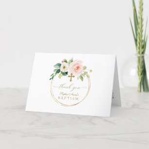 Charm Pink Blush Flowers Gold Photo Girl Baptisme Bedankkaart