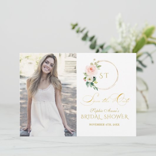 Charm Pink Blush Flowers Gold Save The Date (Staand voorkant)