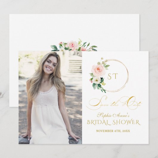 Charm Pink Blush Flowers Gold Save The Date (Voorkant / Achterkant)