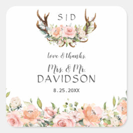 Charm Pink Blush Flowers Monogram Weddenschap Vierkante Sticker