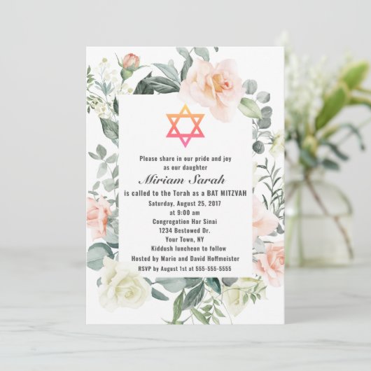 Charm Pink Blush Flowers Star van David Bat Mitzva Kaart (Staand voorkant)