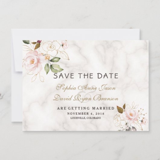 Charm Pink Blush Gold Floral Marble Wedding Save The Date (Voorkant)
