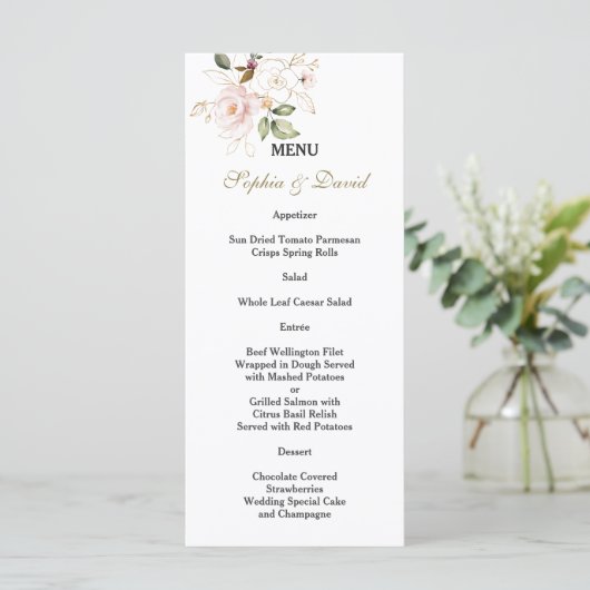 Charm Pink Blush Gold Flowers Monogram Weddenschap Menu (Staand voorkant)