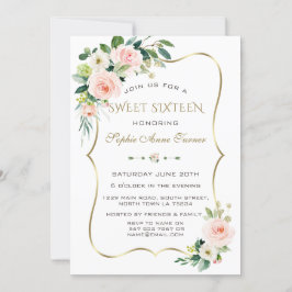 Charm Pink Blush Ivory Floral Gold Lijst Sweet 16 Kaart