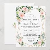 Charm Pink Blush White Flowers Gold Wedding Kaart (Voorkant / Achterkant)