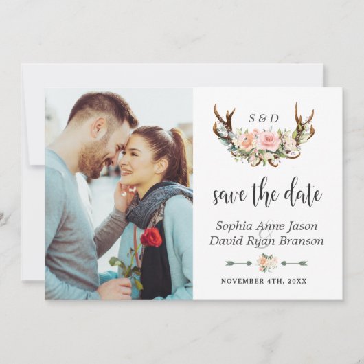 Charm Pink Cream Floral Antlers Foto bruiloft Save The Date (Voorkant)