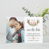 Charm Pink Cream Floral Antlers Foto bruiloft Save The Date (Staand voorkant)