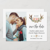 Charm Pink Cream Floral Antlers Foto bruiloft Save The Date (Voorkant / Achterkant)
