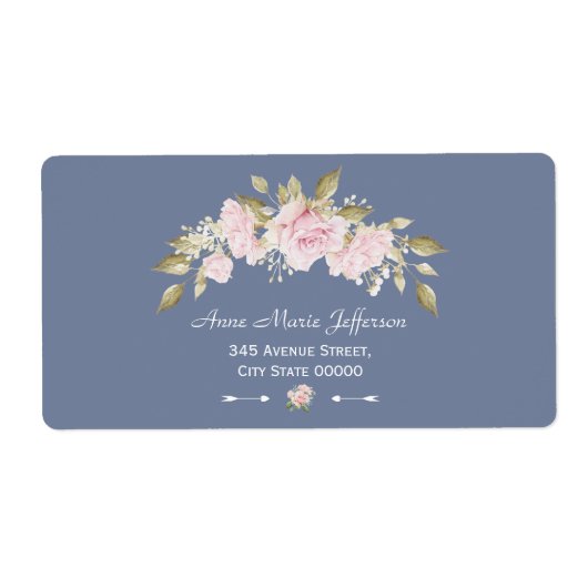 Charm Pink Floral Dusty Blue Wedding Etiket (Voorkant)