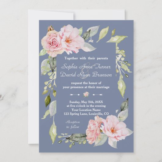 Charm Pink Floral Dusty Blue Wedding Kaart (Voorkant)