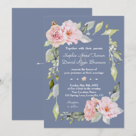Charm Pink Floral Dusty Blue Wedding Kaart