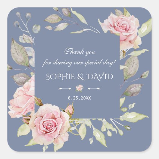 Charm Pink Floral Dusty Blue Wedding Vierkante Sticker (Voorkant)