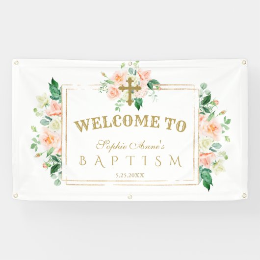 Charm Pink Flowers Gold Baptism Welcome Sign. Spandoek (Horizontaal)