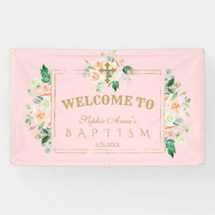 Charm Pink Flowers Gold Baptism Welcome Sign. Spandoek