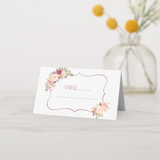 Charm Pink Flowers Roos Gold Baptisme Table Number Plaatskaartje (Voorkant)